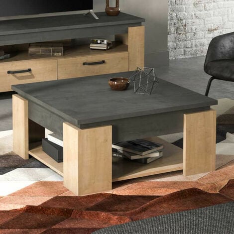 TMM Table basse carré Chêne/Béton ciré - STINAU - L 80 x l 80 x H 37 cm