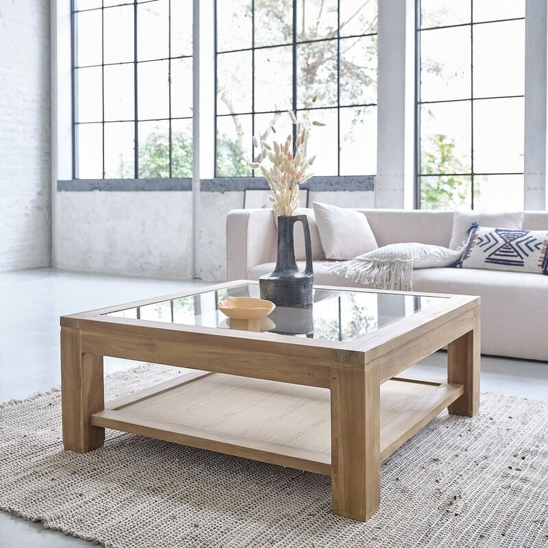 Table basse carrée en bois de teck vitrée 100 - Marron