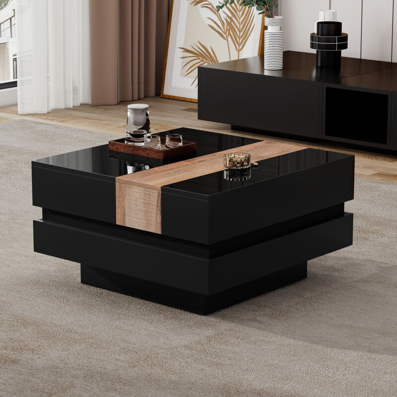 Table basse carré extensible 70x70cm avec rangement caché,design coloré,table d'appoint en MDF noir à haute brillance pour salon.