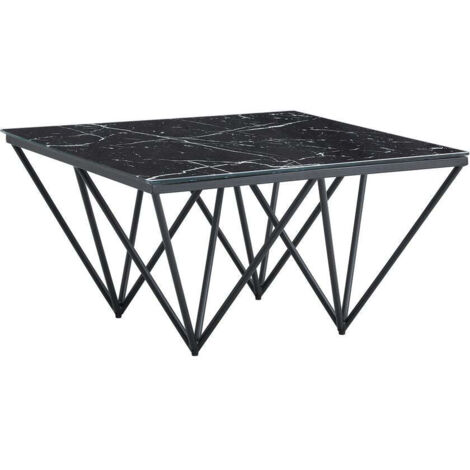 Table Basse carré GIZE pied métal noir et plateau en verre 80x80 cm - Marbré noir