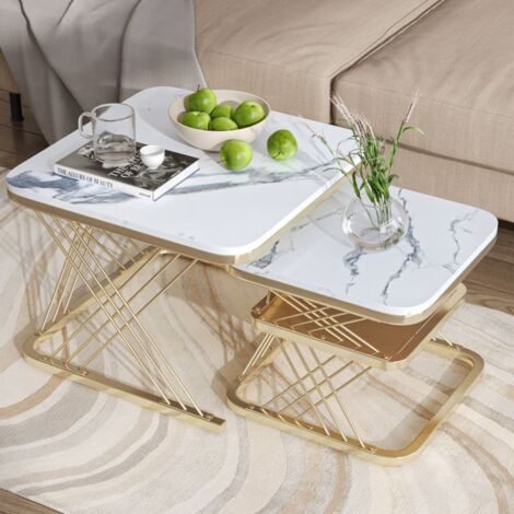 Table Basse Carré - Lot de 2 Table Basse - Style Moderne - Blanc et Or - Table Basse Gigogne - Bois Marbre et Pieds Métal -60/45cm