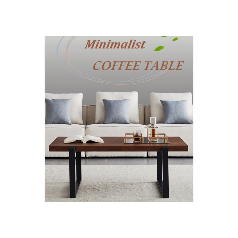 table basse carree minimaliste, structure en metal noir avec plateau noyer l110 x w60 h45cm