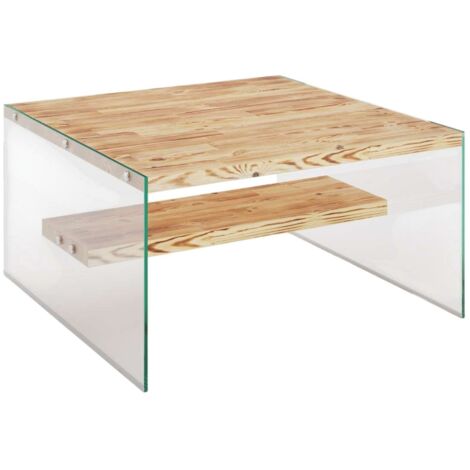 Table basse carrée 1 étagère de rangement en verre et bois massif CRYSTALLIA