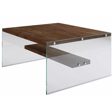 Table basse carrée 1 étagère en bois de pin et structure en verre