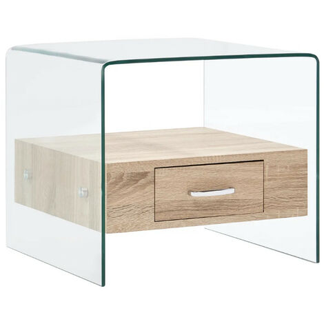 Table basse carrée 1 tiroir verre transparent et chêne clair Allissa