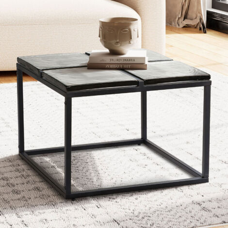Table basse carrée 58x43,5 cm en verre et métal noir