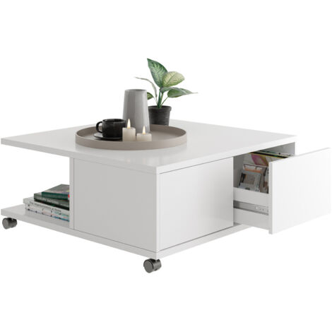 Table basse carrée 70 cm avec 2 tiroirs blanc