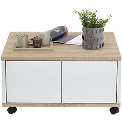 Table basse carrée 70 cm avec 2 tiroirs chêne et blanc
