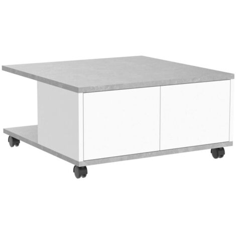 Table basse carrée 70 cm avec 2 tiroirs gris béton et blanc