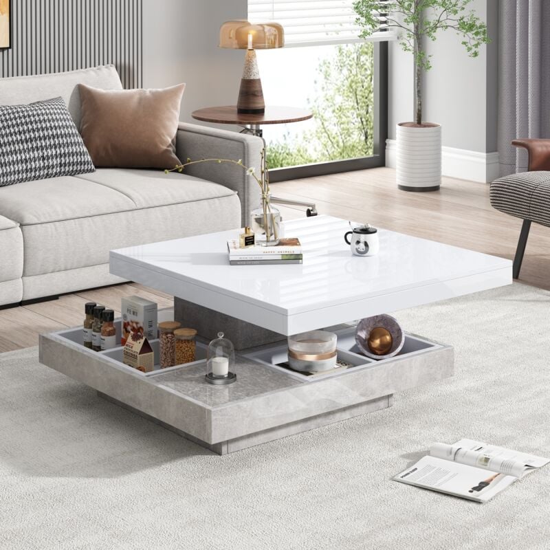 Table basse carrée 70x70x36 cm, plateau pivotant à 360°, base en marbre, étagère encastrée en dessous, plateau brillant - Gris