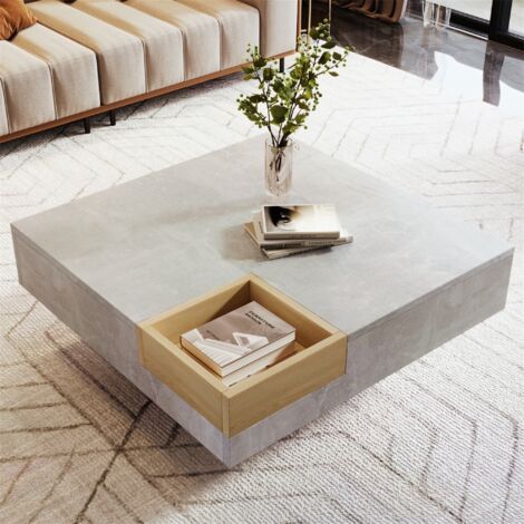 Table Basse carrée 72 cm avec boîte de rangement amovible, design color block, combinaison de couleurs gris béton et bois, 72x72x30 cm, contemporaine - Gris