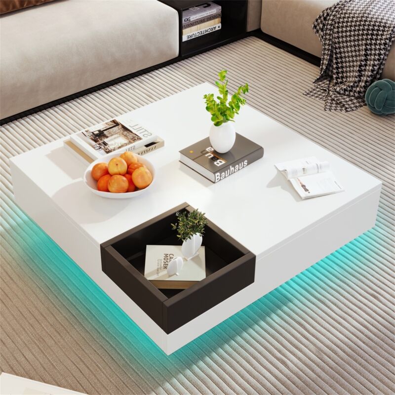 Eifson - Table Basse carrée 72 cm, avec éclairage led, avec coffre de rangement amovible, design color block, 72x72x30 cm, style contemporain - Blanc