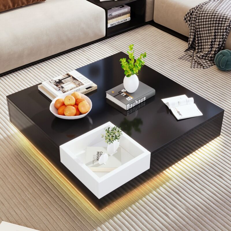 Eifson - Table Basse carrée 72 cm, avec éclairage led, avec coffre de rangement amovible, design color block, 72x72x30 cm, style contemporain - Noir