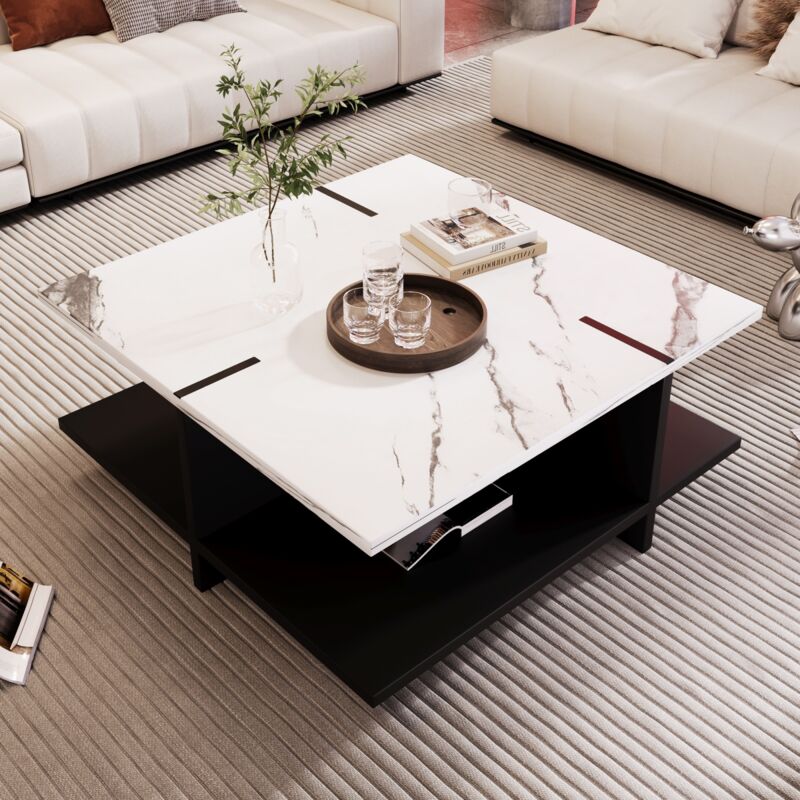 Table basse carrée 72x72x32 cm, avec quatre compartiments de rangement ouverts, aspect marbre, design moderne et simple assorti aux couleurs noir et