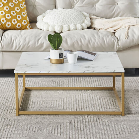 Table basse carrée 80x34 cm imitation marbre blanc et doré - MARILYN