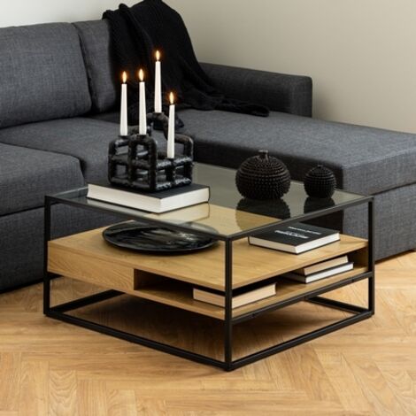 Table basse carrée 80x80x40 cm avec plateau en verre et décor chêne