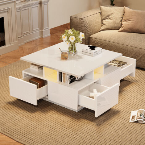 Table basse carrée avec LED contrôlable, table d’appoint canapé 4 tiroirs, finition laquée, blanc, 70x70x40 cm