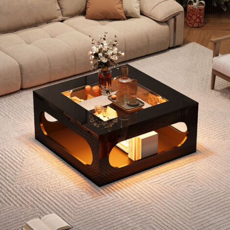 Table basse carrée avec rangement, plateau en verre trempé, table d'appoint de canapé - salon/chambre, 70x70x35 cm, MDF, noir