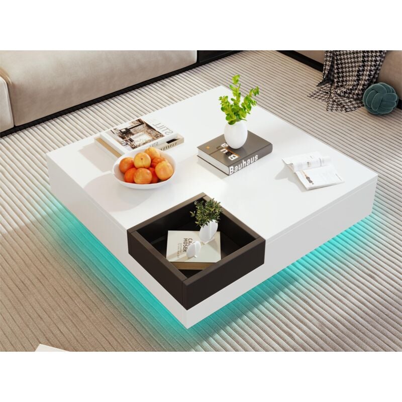 Table basse carrée avec une coffre amovible de rangement - lumières LED en bas - Blanc
