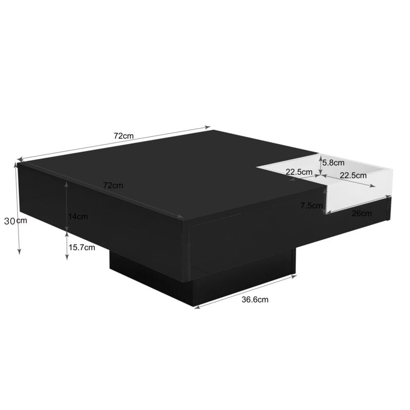 Table basse carrée avec une coffre amovible de rangement - lumières led en bas - Noir