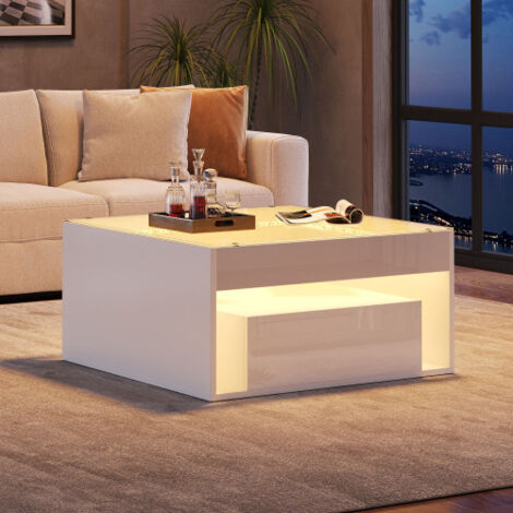 Table basse carrée blanche 70x70x35 cm avec 2 tiroirs, verre trempé, LED USB et niche ouverte