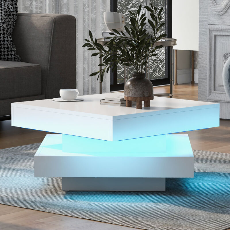 Table basse carrée blanche brillante avec plateau pivotant - Style techno moderne avec lumière led 16 couleurs, 70x70x36 cm