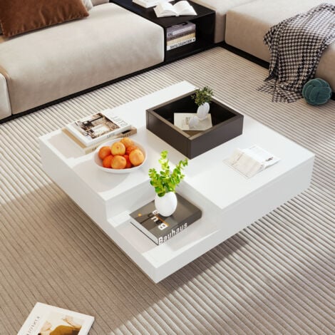 Table basse carrée blanche haute brillance avec LED et un boîte de rangement amovible noir, 72 x 72 x 30 cm