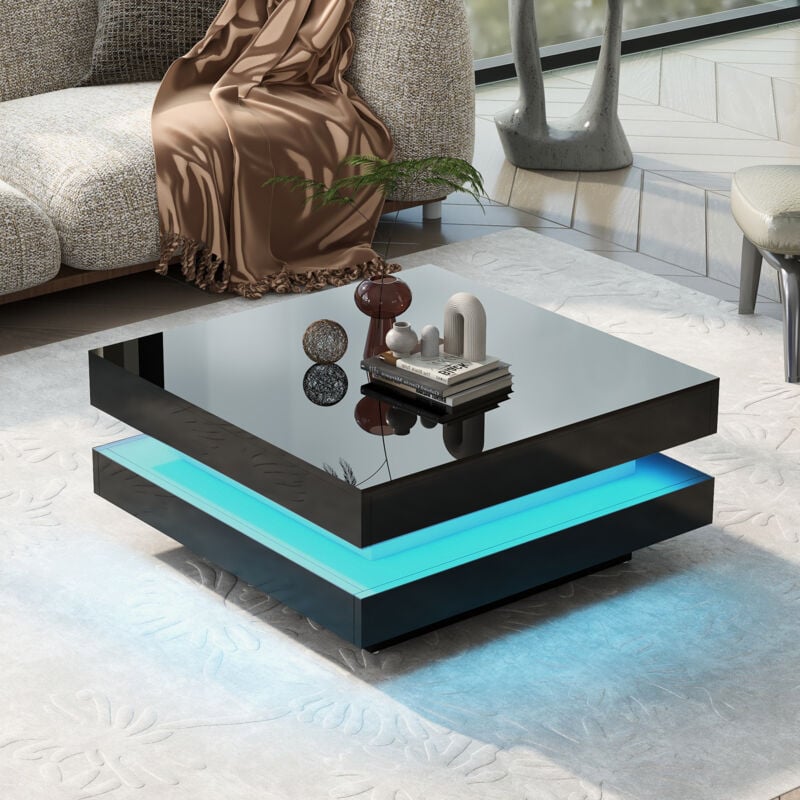 Okwish - Table basse carrée noire brillante, table de salon avec style technologique et éclairage led, 70x70x36 cm