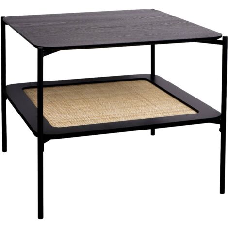 Table basse carrée coloris noir vintage double plateaux effet bois et cannage. piètement et structure en métal noir