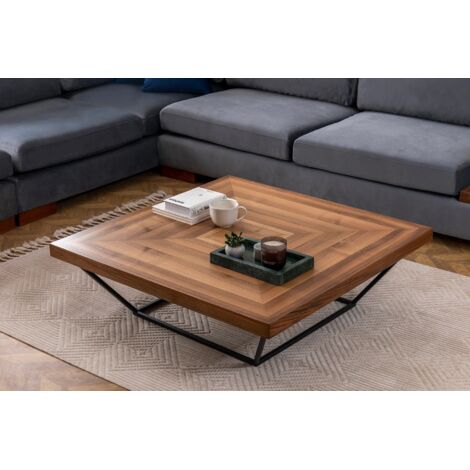 Table basse carrée design 100x100x32 cm décor noyer et noir