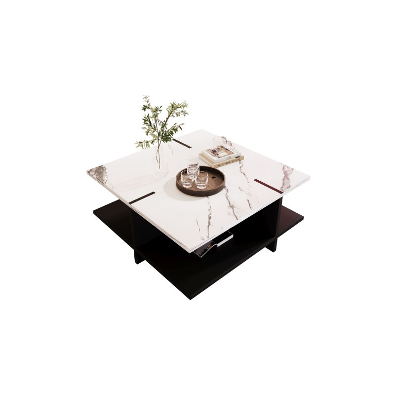Ineasicer - Table basse carrée, design moderne et minimaliste en noir et blanc, aspect marbre blanc