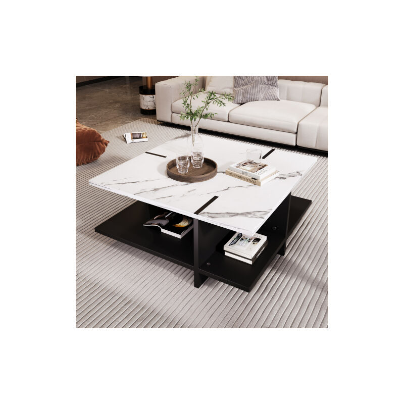 Table basse carrée, design moderne et minimaliste en noir et blanc, aspect marbre blanc