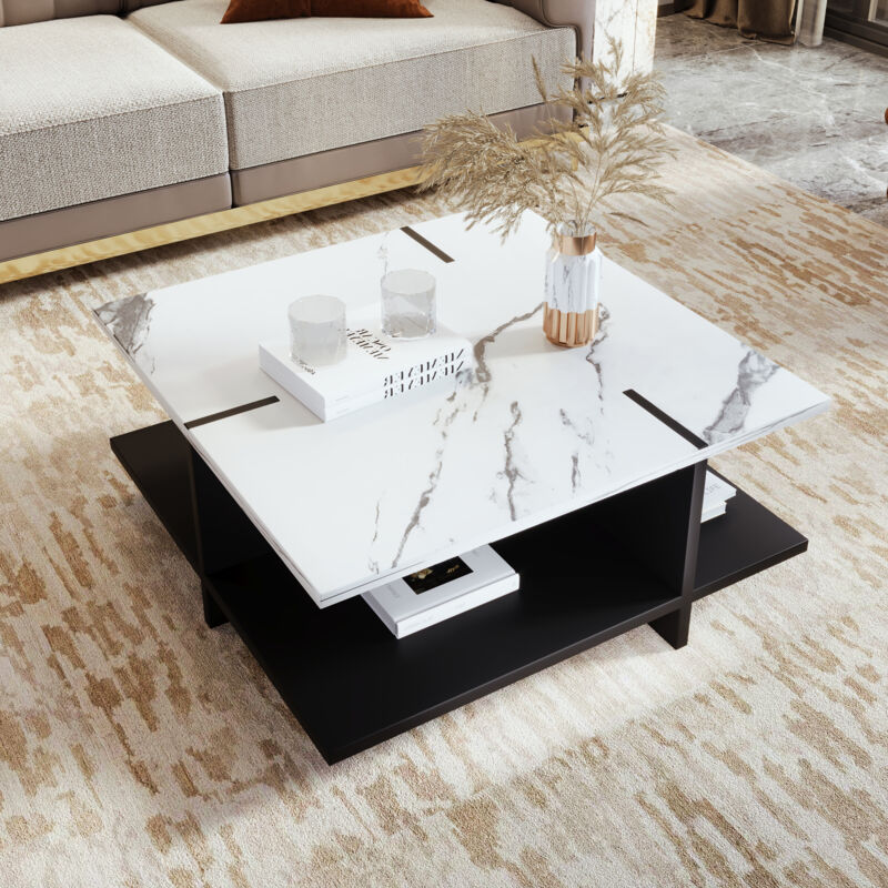 Table basse carrée blanche et noire, table de salon avec aspect marbre, 72x72x32 cm