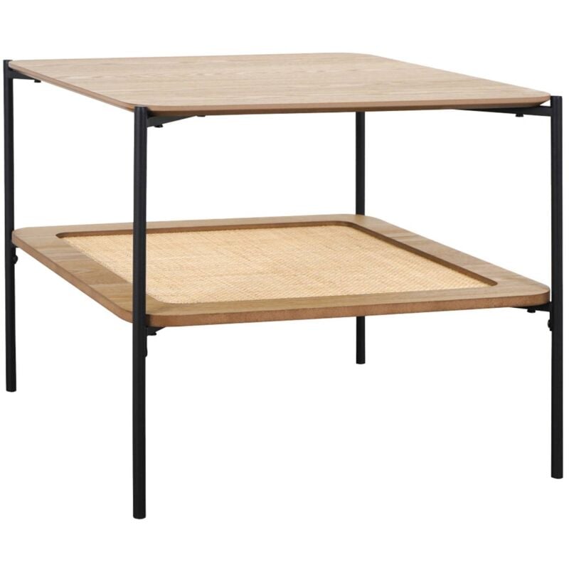 Sweeek - Table basse carrée coloris naturel vintage double plateaux effet bois et cannage. piètement et structure en métal noir