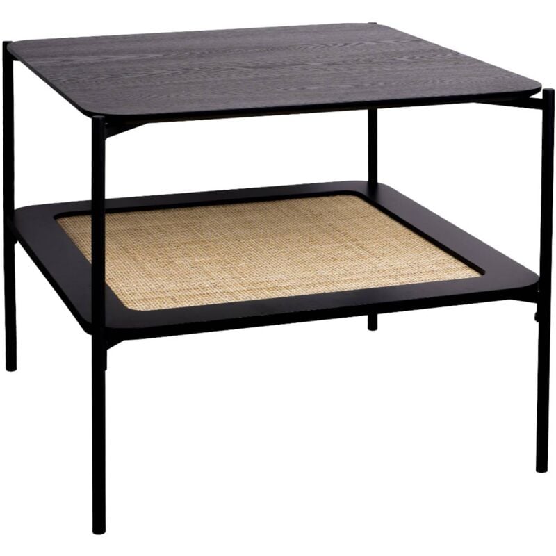 Sweeek - Table basse carrée coloris noir vintage double plateaux effet bois et cannage. piètement et structure en métal noir
