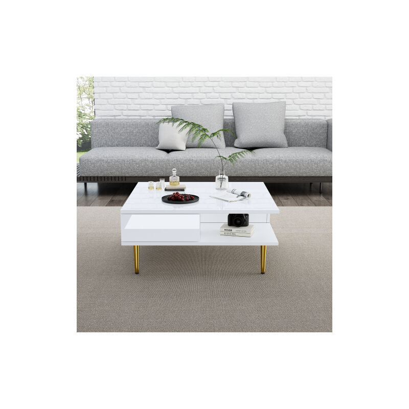 Ineasicer - Table basse carrée en blanc brillant avec deux tiroirs, deux compartiments ouverts et des pieds dorés - 70 x 70 x 36 cm - peut supporter