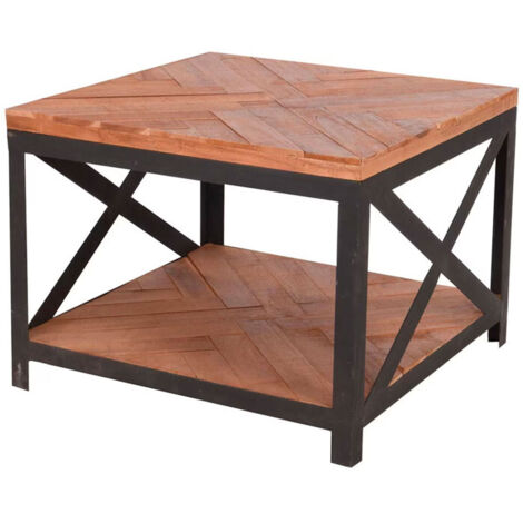 Table Basse Carrée en Teck et Métal Noir 2 Plateaux