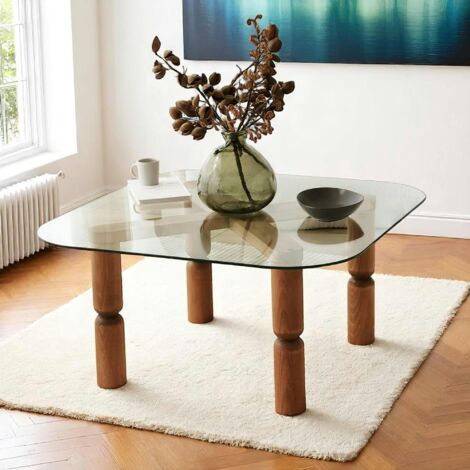 Table basse carrée en verre - pieds bois marron sculpté BOMA