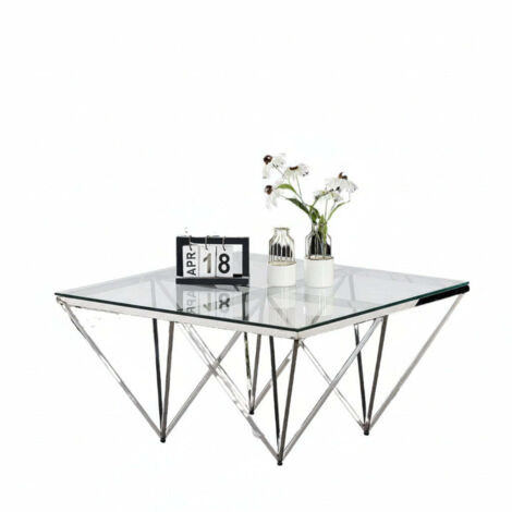 Table Basse Carrée GIZE Plateau Verre Trempé Transparent Pieds Chrome 80x80x45cm
