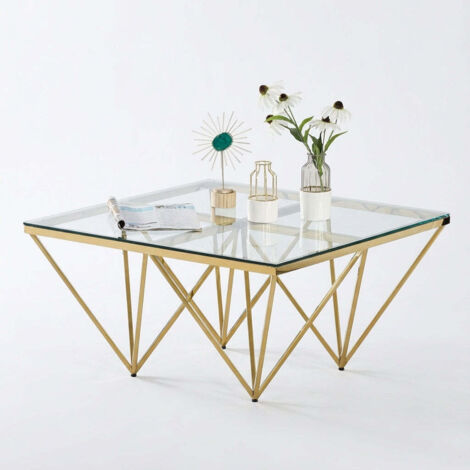 Table Basse Carrée GIZE Verre Trempé Transparent Pieds Gold 80x80x45cm