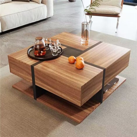 FORTUNA LAI Table basse carrée haute brillance, avec 4 tiroirs, design uniques, espace de rangement en bas, 78x78x36cm naturel