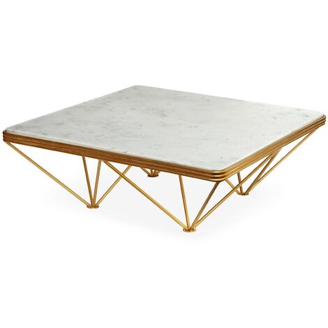 Table basse carrée marbre blanc et métal doré Paola