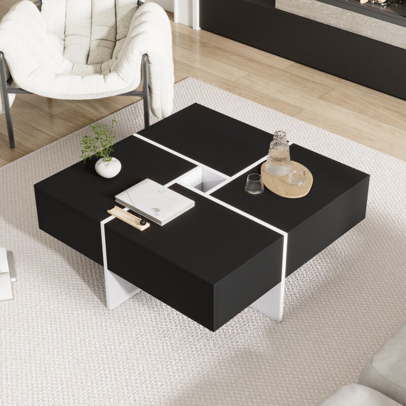 Redom - Table basse carrée moderne 707035 cm noir et blanc avec compartiment de rangement central 1010 cm - capacité de charge jusqu'à 30 kg, table