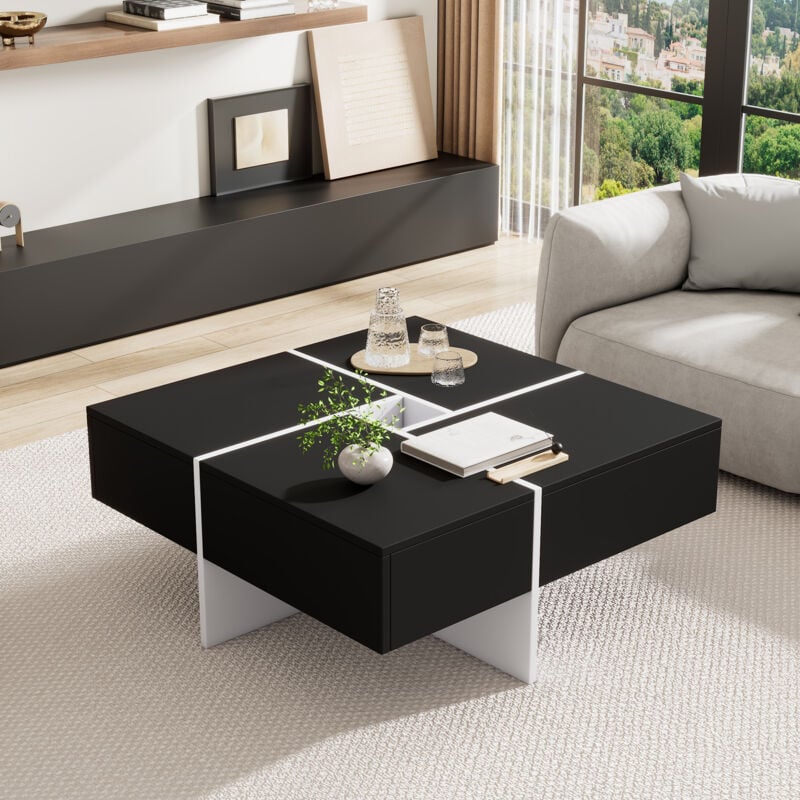 Okwish - Table basse carrée moderne 707035 cm noir et blanc avec compartiment de rangement central 1010 cm - capacité de charge jusqu'à 30 kg, table