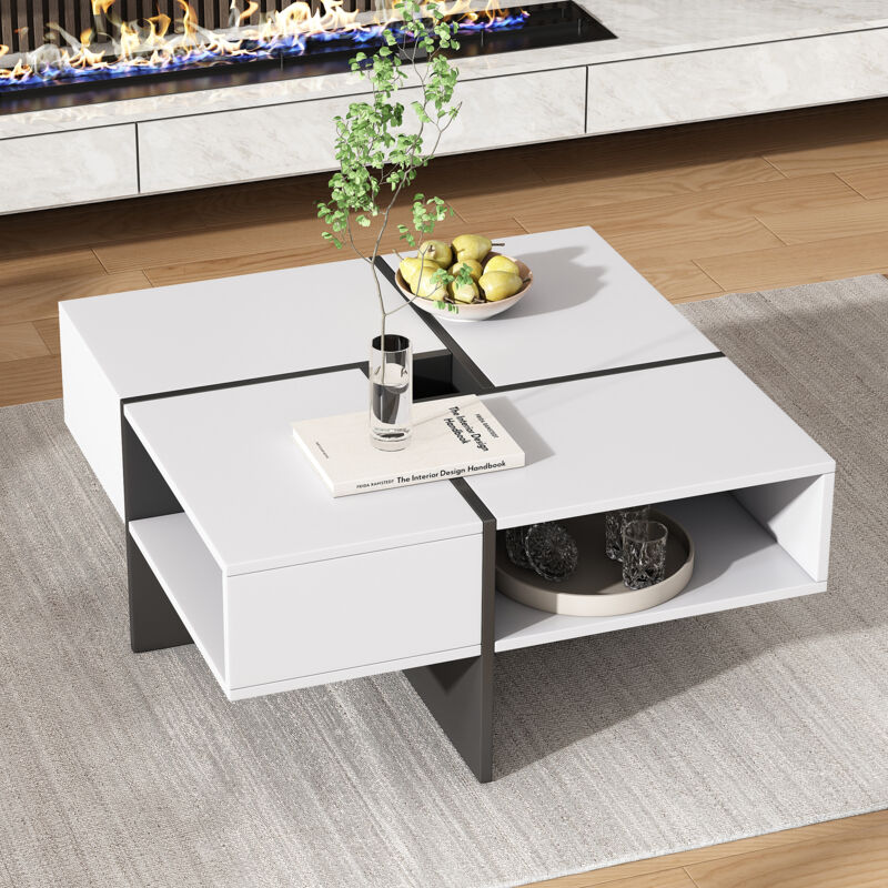 Okwish - Table basse carrée moderne 70x70x35cm - design noir et blanc, 5 compartiments ouverts, compartiment de rangement central 10x10cm, capacité