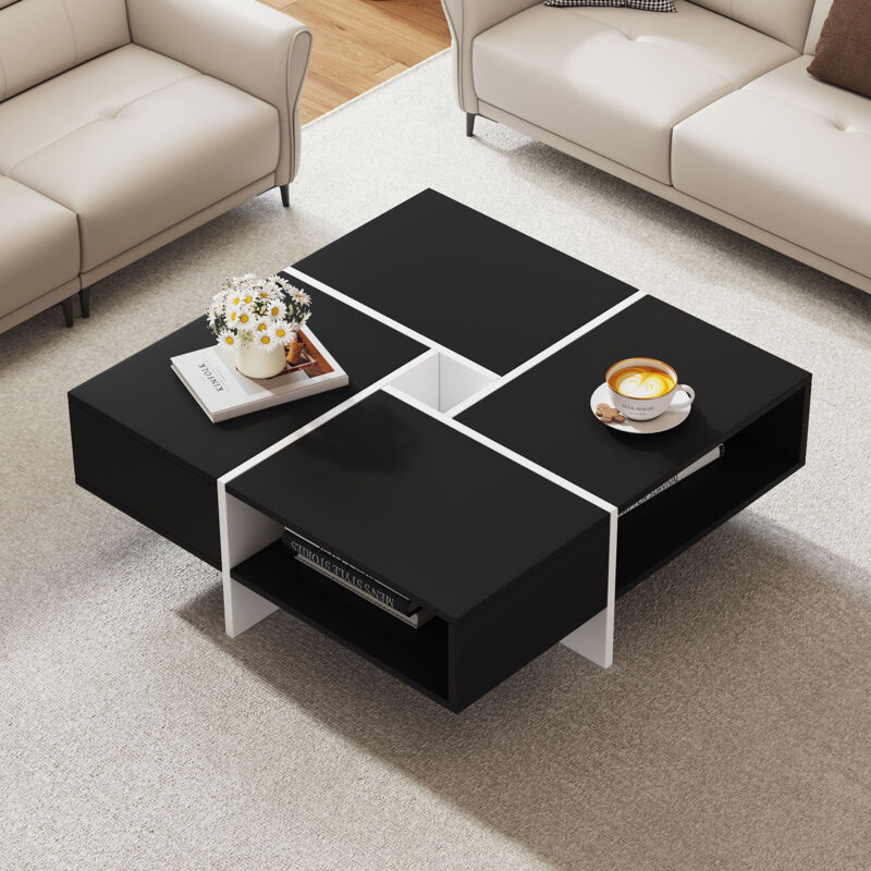 Redom - Table basse carrée moderne 70x70x35cm - design noir et blanc, 5 compartiments ouverts, compartiment de rangement central 10x10cm, capacité de