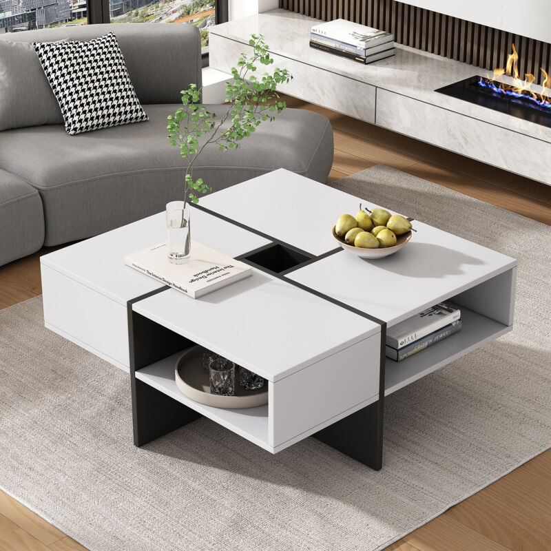 Redom - Table basse carrée moderne 70x70x35cm - design noir et blanc, 5 compartiments ouverts, compartiment de rangement central 10x10cm, capacité de