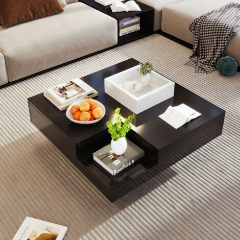 Table basse carrée noire brillante, table de salon avec rangement amovible et éclairage LED, 72x72x30 cm