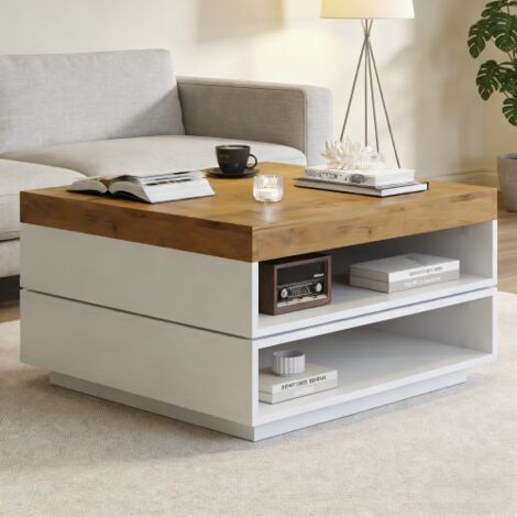 Table basse carrée pivotante 360°, 65x65x40 cm avec LED, rangements ouverts, blanc et décor bois
