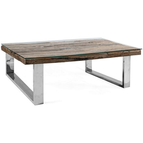 Table basse carrée plateau bois massif recyclé et verre trempé sur pieds acier chromé Stany 100cm